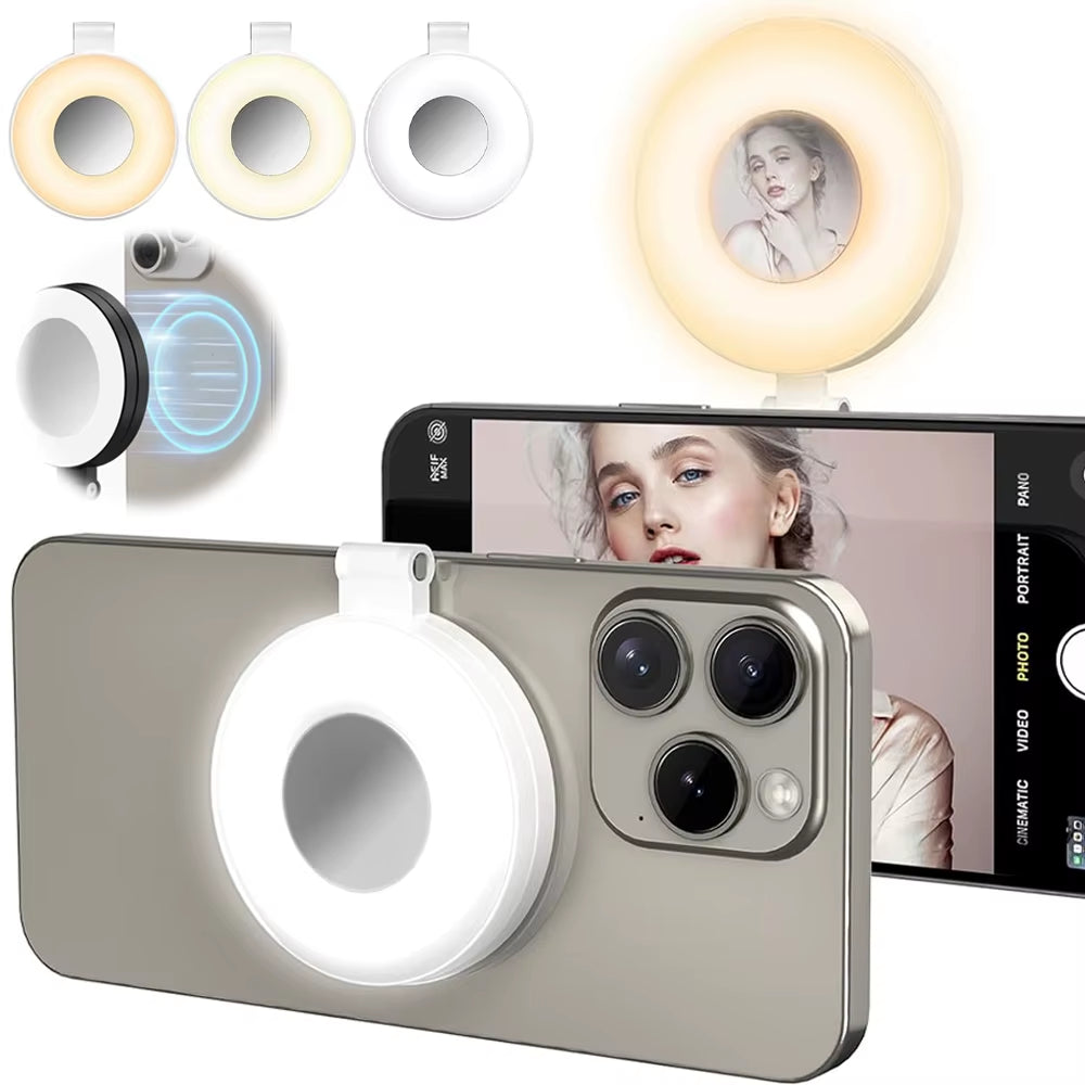 Magnetic Phone Selfie Lights Portable LED Cellphone Ring Light with Built-In Mirror 180° Foldable Phone Flashes for Magsafe