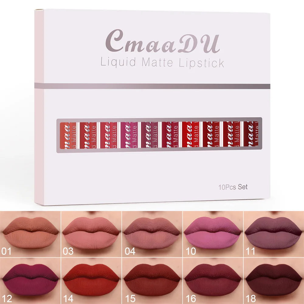 10Pcs/Set Velvet Matte Durable Waterproof Easy Color Non-Stick Cup Texture Silky Saturation High Lip Gloss