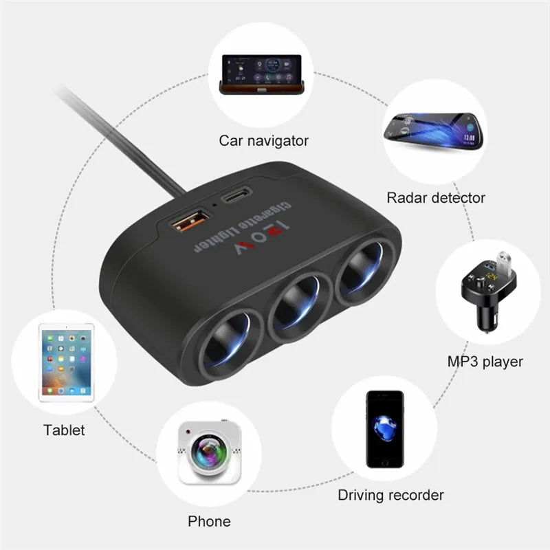 3 in 1 USB Type C Socket 120W Car Cigarette Lighter Splitter 12V 24V Fast Charger Phone Power Adapter for Car DVR GPS Dashcam