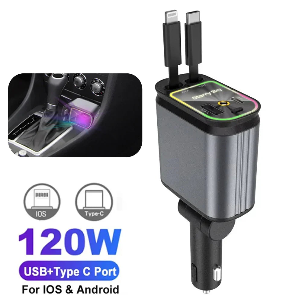 120W Super Fast Car Charger with 2 Scalable Cables & 2 Charge Ports,Roof Starlight,Voltage PD 30W Fast Charging for IOS Android
