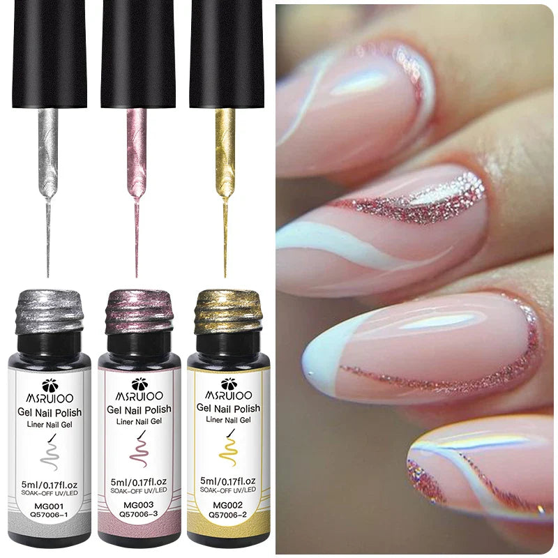 3Pc Glitter Liner Nail Gel Polish Set Silver Gold DIY Nail Art Semi Permanent Painting Gel Kit Long Lasting Soak off UV Vanrish