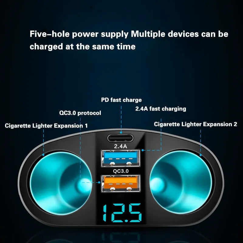 Multiple Devices Can Be Charged at the Same Time with Digital Display Car Charg Dual-Port Car Charger Adapter
