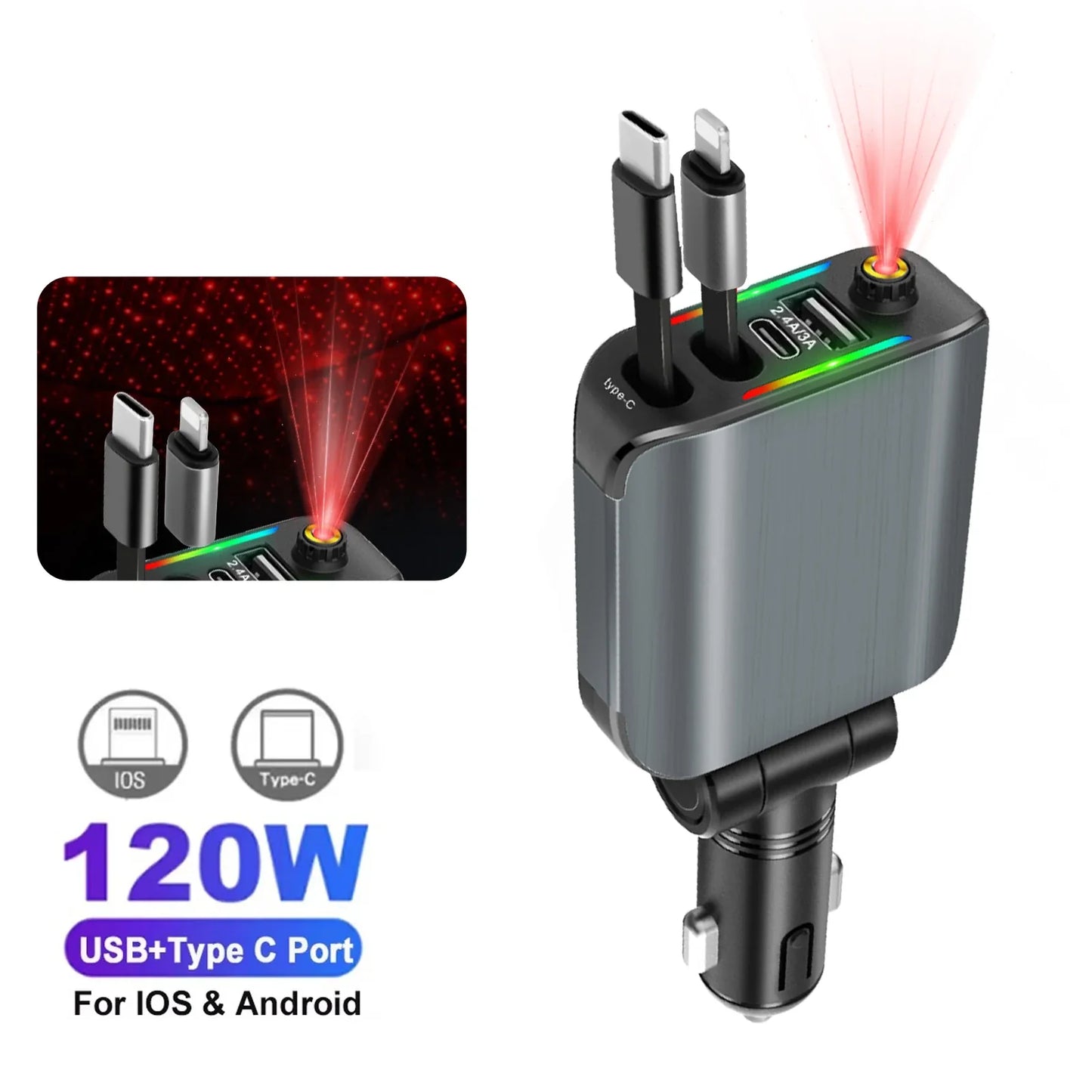 120W Super Fast Car Charger with 2 Scalable Cables & 2 Charge Ports,Roof Starlight,Voltage PD 30W Fast Charging for IOS Android