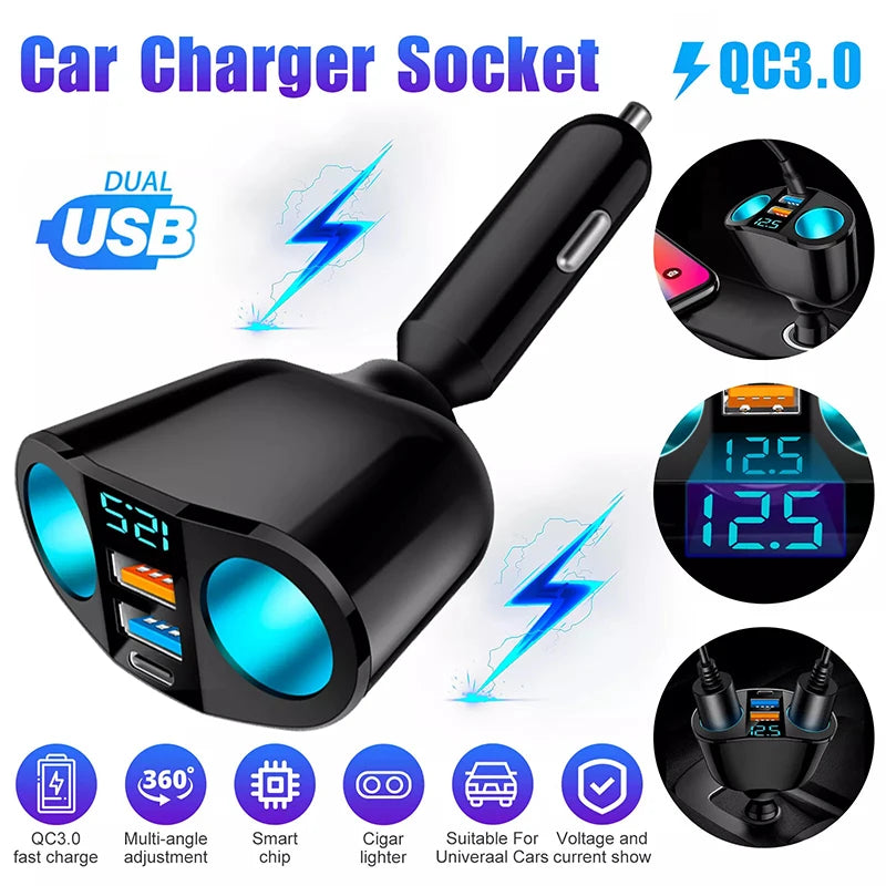Multiple Devices Can Be Charged at the Same Time with Digital Display Car Charg Dual-Port Car Charger Adapter