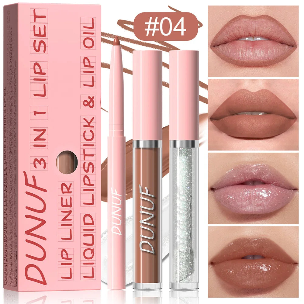 3Pc Rose Pink Matte Lipstick Set Waterproof Long-Lasting Nude Brown Lip Liner Pencil Lip Gloss Cheek Lip Tint Oil Kit for Makeup