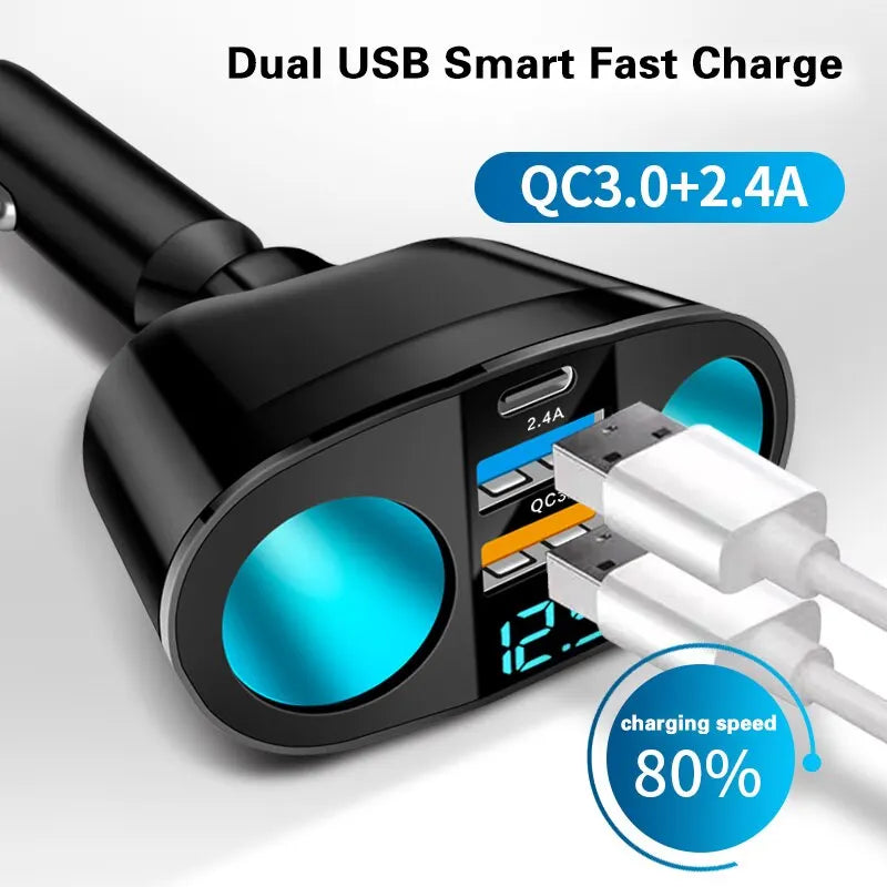 Multiple Devices Can Be Charged at the Same Time with Digital Display Car Charg Dual-Port Car Charger Adapter