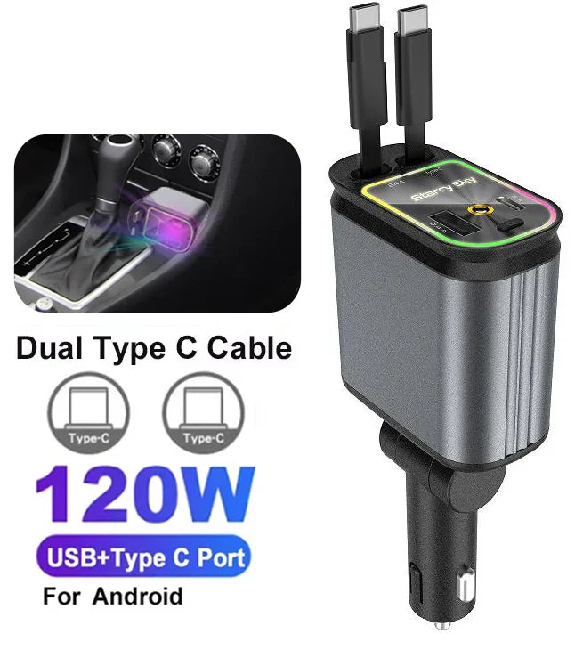 120W Super Fast Car Charger with 2 Scalable Cables & 2 Charge Ports,Roof Starlight,Voltage PD 30W Fast Charging for IOS Android
