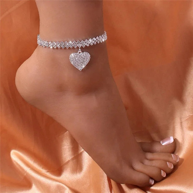 1PC Women'S Simple and Premium Copper Inlaid Water Diamond Love Foot Chain Bracelet Accessories Wedding Party Fashion Jewelry
