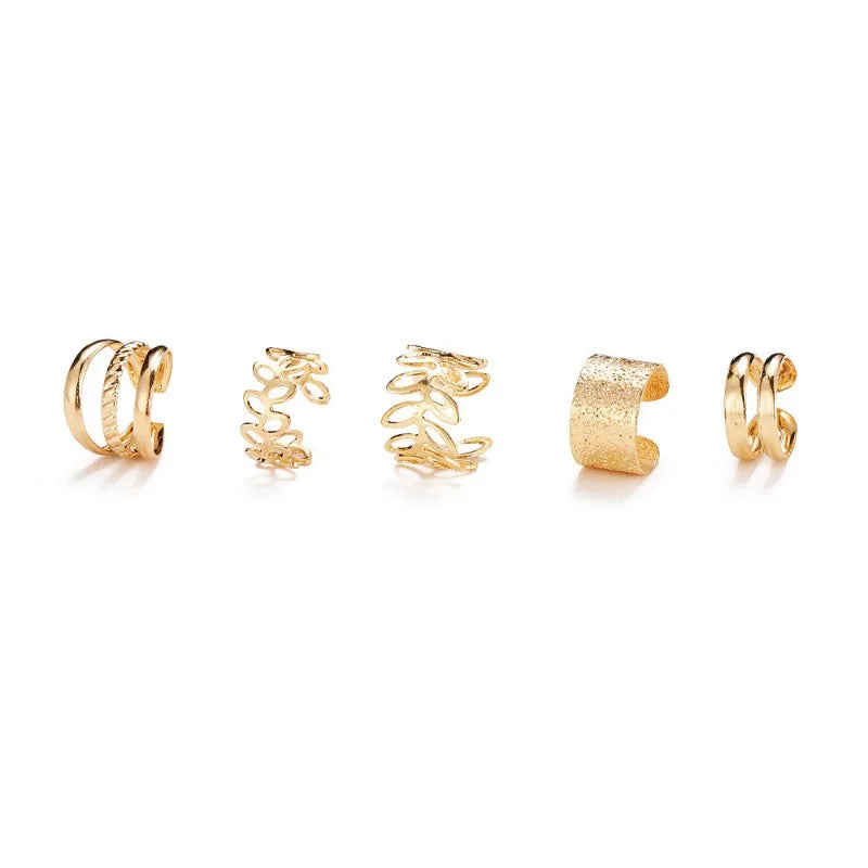 5/15 Pcs Set of Hollow Leaf Design Clip on Earrings, Zinc Alloy Jewelry Simple Punk Style Personality Female Ear Decor