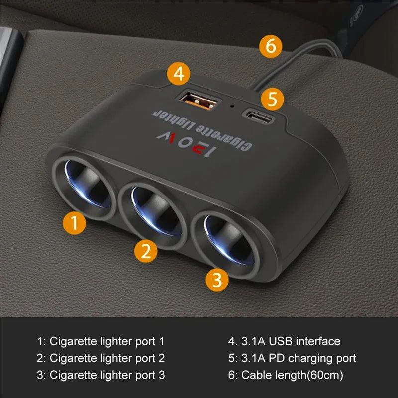 3 in 1 USB Type C Socket 120W Car Cigarette Lighter Splitter 12V 24V Fast Charger Phone Power Adapter for Car DVR GPS Dashcam