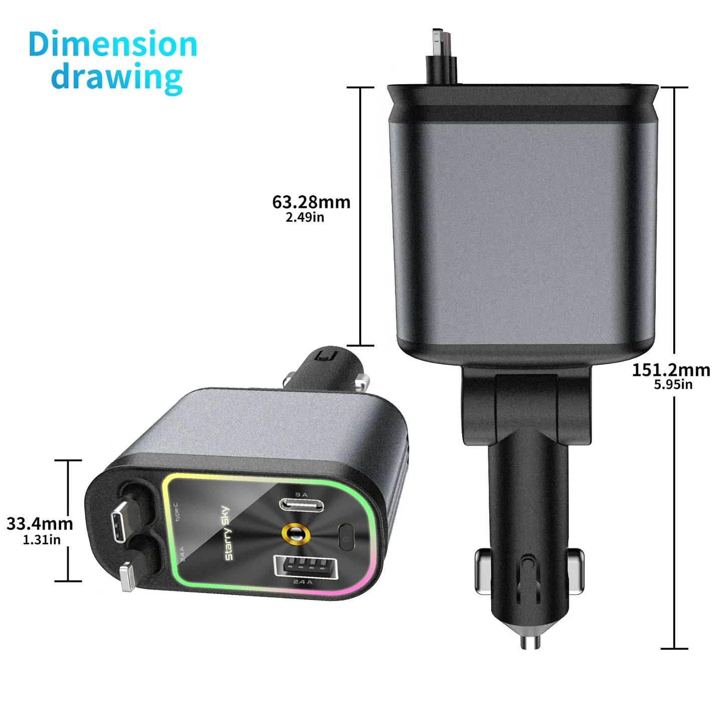 120W Super Fast Car Charger with 2 Scalable Cables & 2 Charge Ports,Roof Starlight,Voltage PD 30W Fast Charging for IOS Android