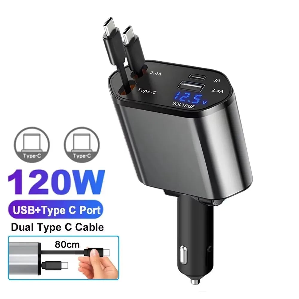 120W Super Fast Car Charger with 2 Scalable Cables & 2 Charge Ports,Roof Starlight,Voltage PD 30W Fast Charging for IOS Android