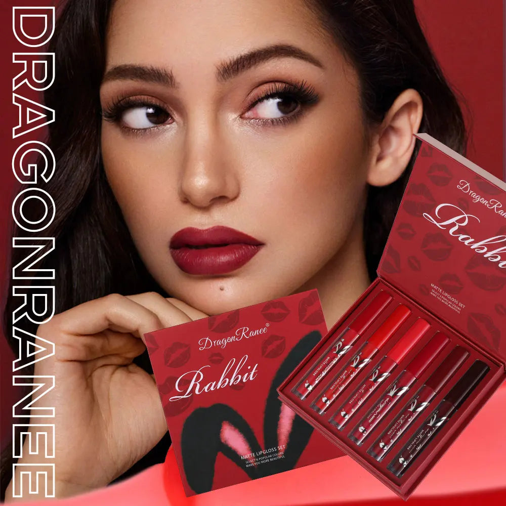 6 Lip Glaze Lip Gloss Set Velvet Matte Matte Lip Glaze Waterproof and Sweat-Proof Lipstick Non-Stick Cup Matte Lipstick Holiday Gift Set