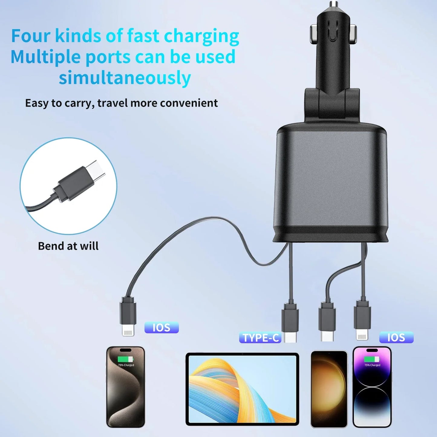 120W Super Fast Car Charger with 2 Scalable Cables & 2 Charge Ports,Roof Starlight,Voltage PD 30W Fast Charging for IOS Android