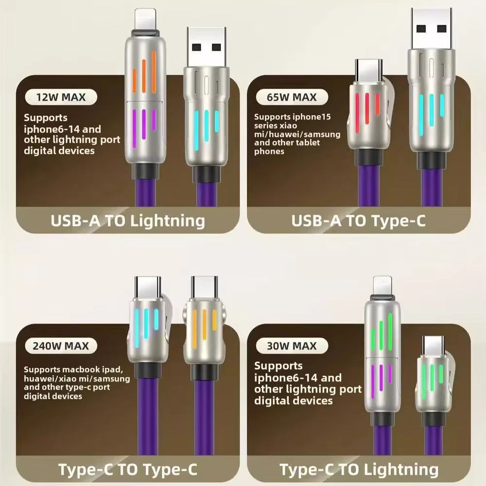 4 in 1 Multi Connectors Charger Rotating Elbow USB to Type-C 1.2M Mobile Phone 240W Fast Charging Silicone Cable Data Transfer