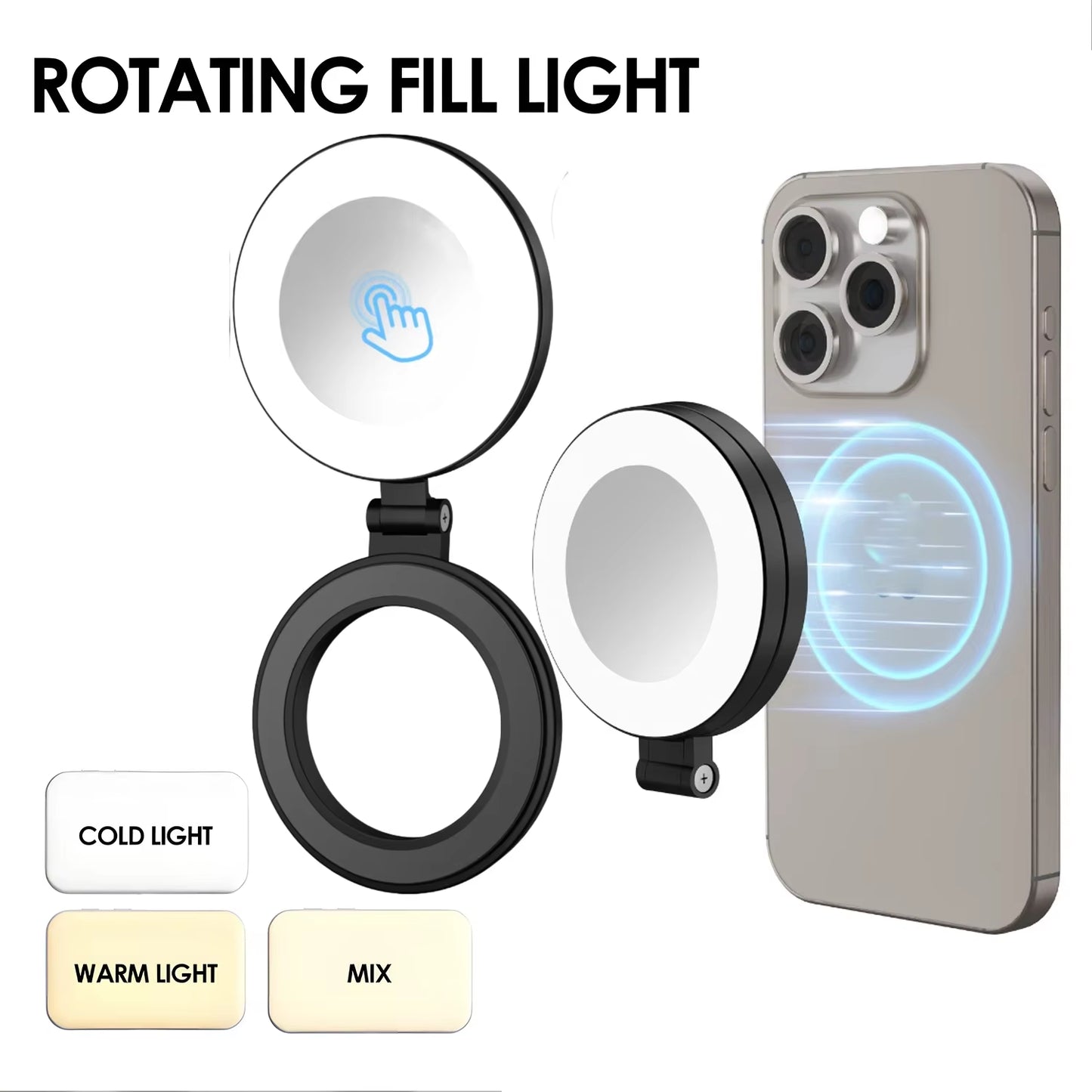 Magnetic Phone Selfie Lights Portable LED Cellphone Ring Light with Built-In Mirror 180° Foldable Phone Flashes for Magsafe