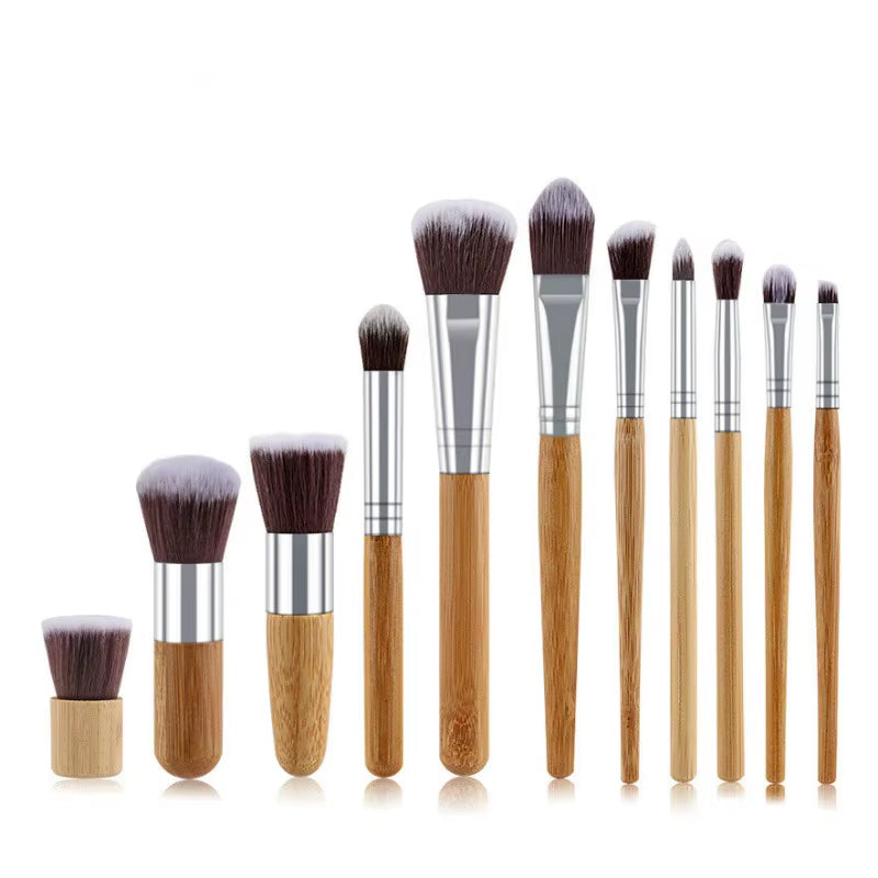 Hot 11Pcs Natural Bamboo Handle Makeup Brushes Set High Quality Foundation Blending Cosmetic Make up Tool Set with Cotton Bag