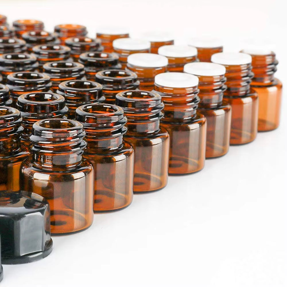 24Pcs 1Ml Small Amber Glass Vials Bottles Containers with Orifice Reducer Black Lid for Doterra Essential Oil Sample Perfume