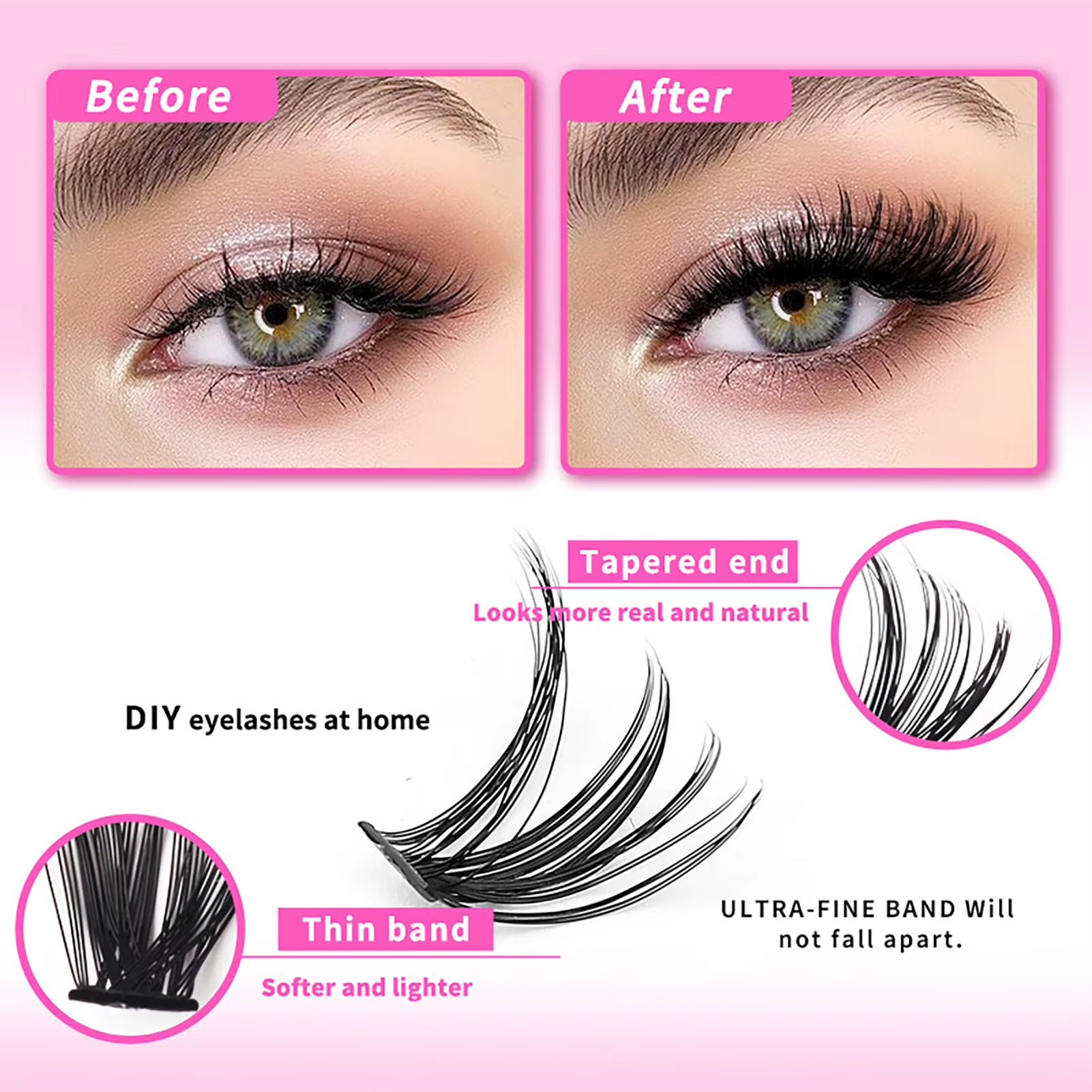 DIY Eyelash Extensions Kit 30D/40D/50D Bond and Seal Lash Glue 640 Rows Cluster Lashes Natural Long 9-16Mm Individual Eyelash