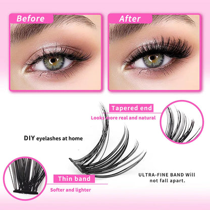 DIY Eyelash Extensions Kit 30D/40D/50D Bond and Seal Lash Glue 640 Rows Cluster Lashes Natural Long 9-16Mm Individual Eyelash