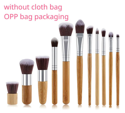 Hot 11Pcs Natural Bamboo Handle Makeup Brushes Set High Quality Foundation Blending Cosmetic Make up Tool Set with Cotton Bag