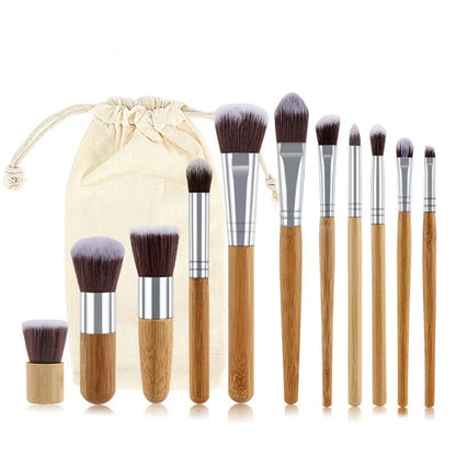 Hot 11Pcs Natural Bamboo Handle Makeup Brushes Set High Quality Foundation Blending Cosmetic Make up Tool Set with Cotton Bag