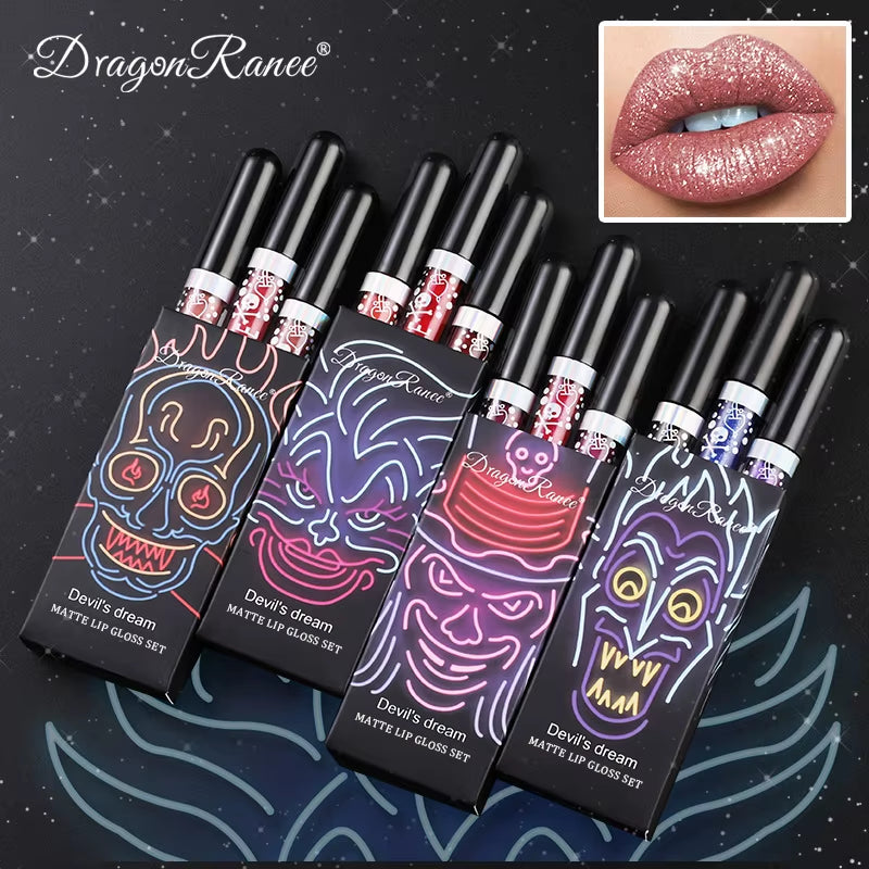 3Pcs Glitter  Waterproof Sexy Blue Purple Black Lip Gloss Shiny Lip Tint Halloween Lip Makeup Tool Korean Cosmetics