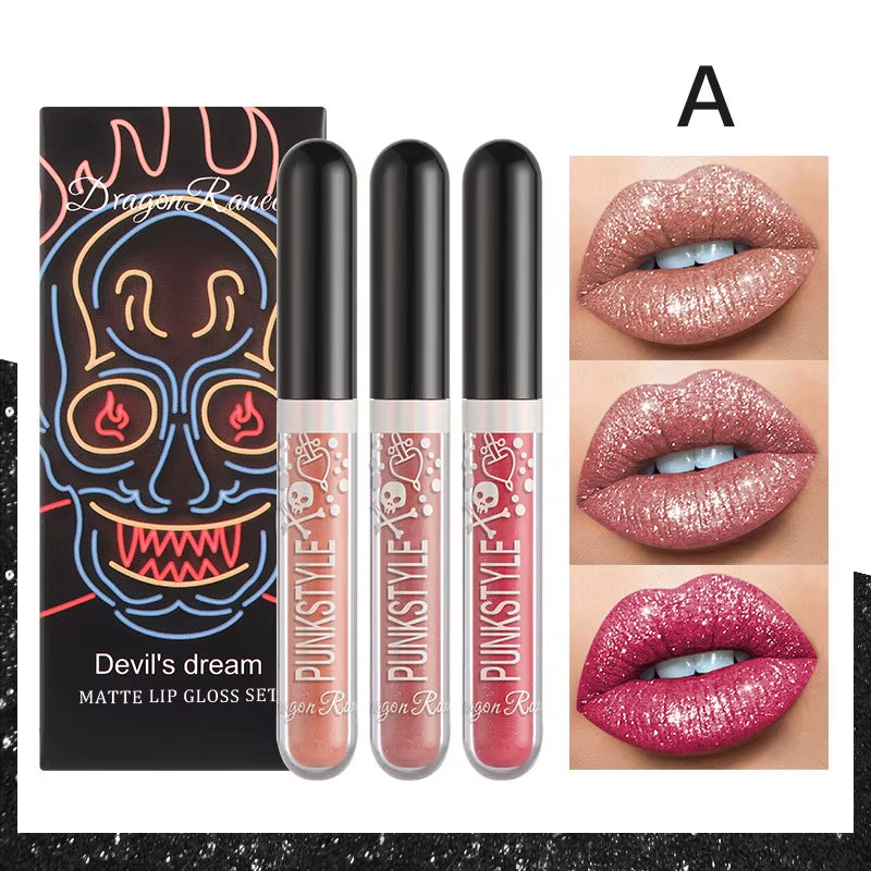 3Pcs Glitter  Waterproof Sexy Blue Purple Black Lip Gloss Shiny Lip Tint Halloween Lip Makeup Tool Korean Cosmetics