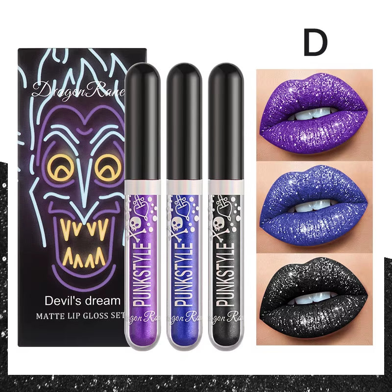 3Pcs Glitter  Waterproof Sexy Blue Purple Black Lip Gloss Shiny Lip Tint Halloween Lip Makeup Tool Korean Cosmetics