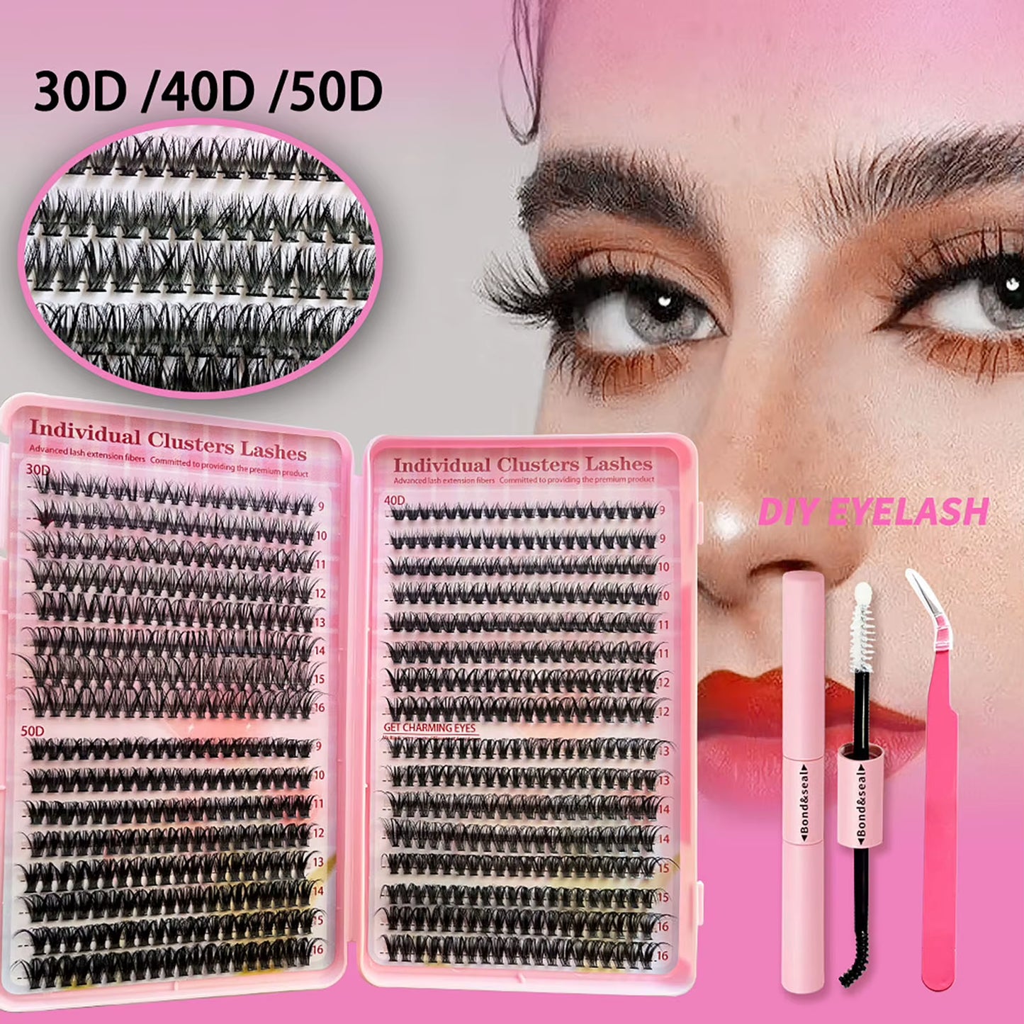 DIY Eyelash Extensions Kit 30D/40D/50D Bond and Seal Lash Glue 640 Rows Cluster Lashes Natural Long 9-16Mm Individual Eyelash