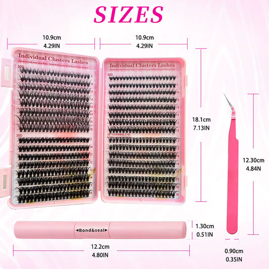 DIY Eyelash Extensions Kit 30D/40D/50D Bond and Seal Lash Glue 640 Rows Cluster Lashes Natural Long 9-16Mm Individual Eyelash