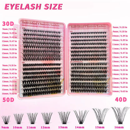 DIY Eyelash Extensions Kit 30D/40D/50D Bond and Seal Lash Glue 640 Rows Cluster Lashes Natural Long 9-16Mm Individual Eyelash
