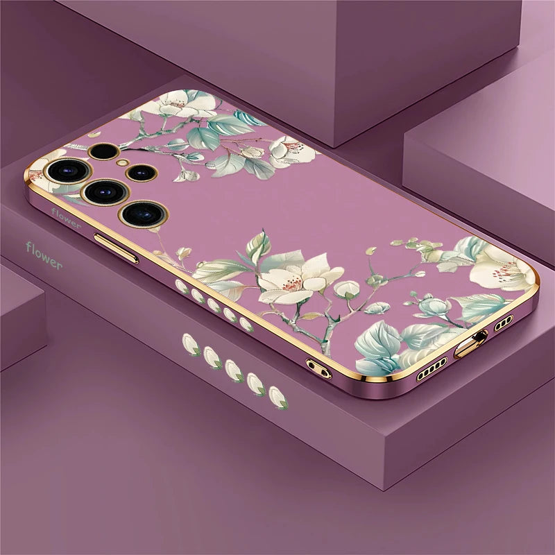 Phone Case for Samsung Galaxy S25 Ultra S 25 S24 plus S23 FE S22 Ultra S21 plus Fashion Flower Pattern Silicone Plating Cover