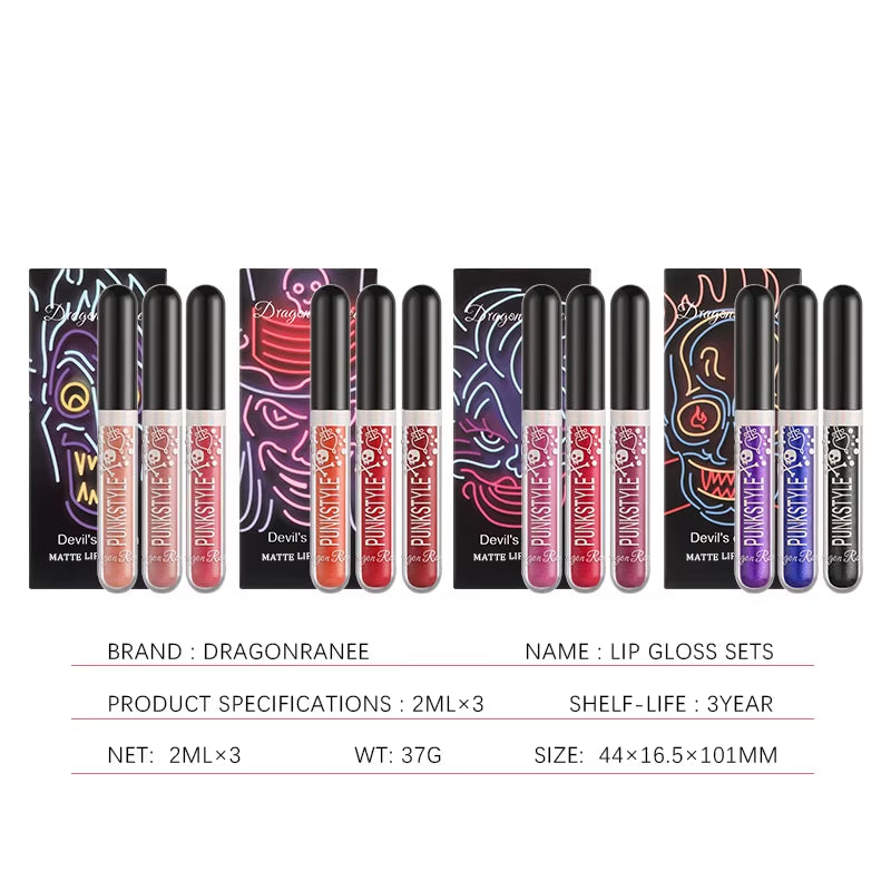 3Pcs Glitter  Waterproof Sexy Blue Purple Black Lip Gloss Shiny Lip Tint Halloween Lip Makeup Tool Korean Cosmetics