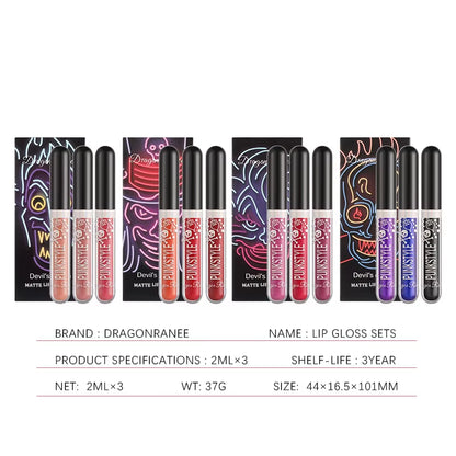 3Pcs Glitter  Waterproof Sexy Blue Purple Black Lip Gloss Shiny Lip Tint Halloween Lip Makeup Tool Korean Cosmetics