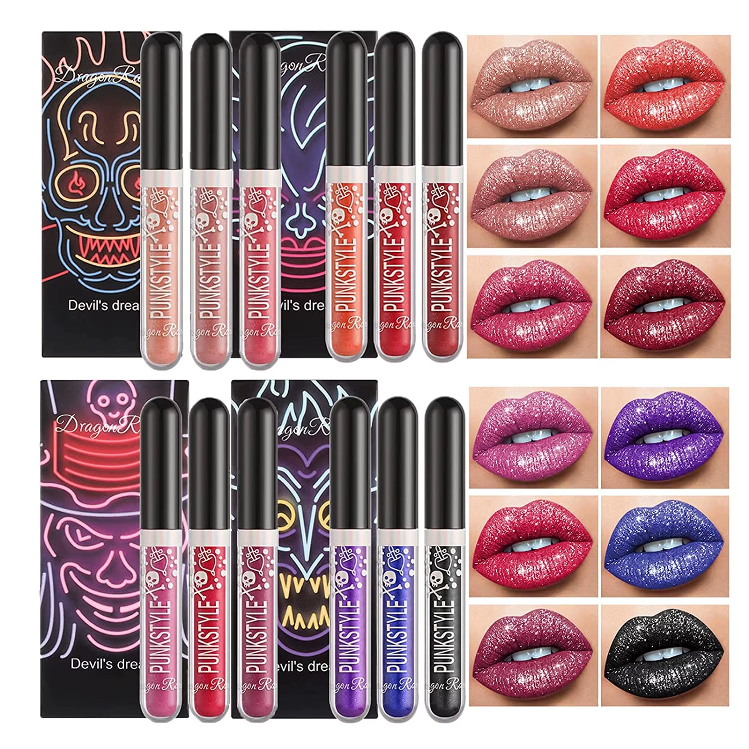 3Pcs Glitter  Waterproof Sexy Blue Purple Black Lip Gloss Shiny Lip Tint Halloween Lip Makeup Tool Korean Cosmetics
