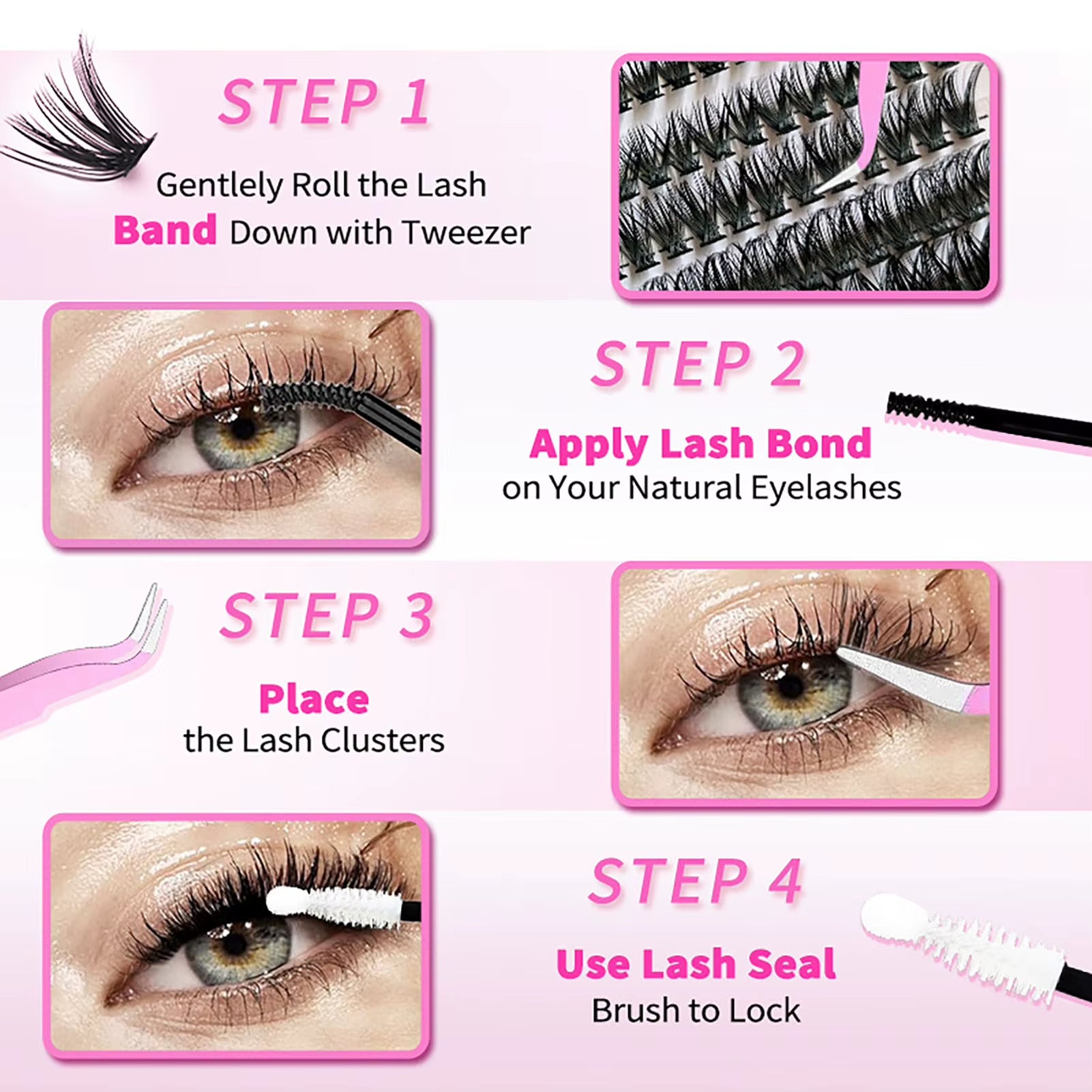 DIY Eyelash Extensions Kit 30D/40D/50D Bond and Seal Lash Glue 640 Rows Cluster Lashes Natural Long 9-16Mm Individual Eyelash
