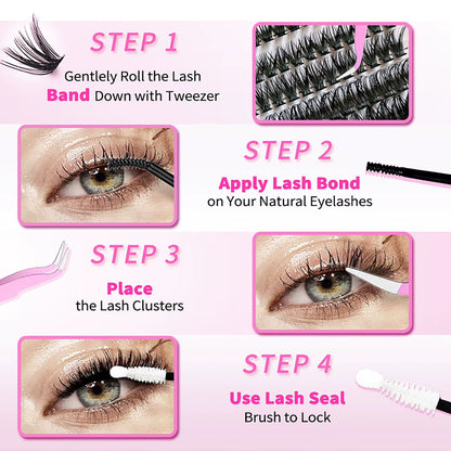 DIY Eyelash Extensions Kit 30D/40D/50D Bond and Seal Lash Glue 640 Rows Cluster Lashes Natural Long 9-16Mm Individual Eyelash