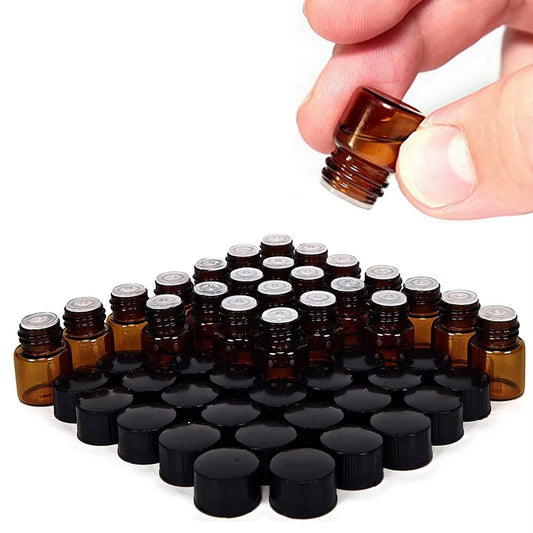 24Pcs 1Ml Small Amber Glass Vials Bottles Containers with Orifice Reducer Black Lid for Doterra Essential Oil Sample Perfume