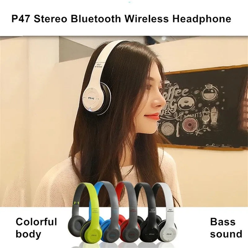 P47 Bluetooth 5.0 Wireless Headphone Foldable HIFI Stereo Bass Earphone Kid Helmet Gift with Mic USB Adaptor for Iphone Game
