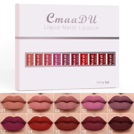 10Pcs/Set Velvet Matte Durable Waterproof Easy Color Non-Stick Cup Texture Silky Saturation High Lip Gloss