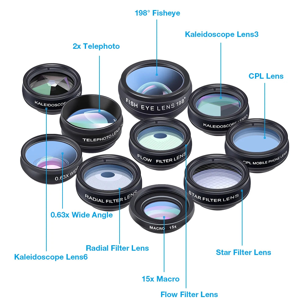 APEXEL Phone Lens Kit Universal 10 in 1 Fisheye Wide Angle Macro Lens CPL Filter Kaleidoscope+2X Telescope Lens for Smartphone
