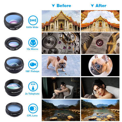 APEXEL Phone Lens Kit Universal 10 in 1 Fisheye Wide Angle Macro Lens CPL Filter Kaleidoscope+2X Telescope Lens for Smartphone