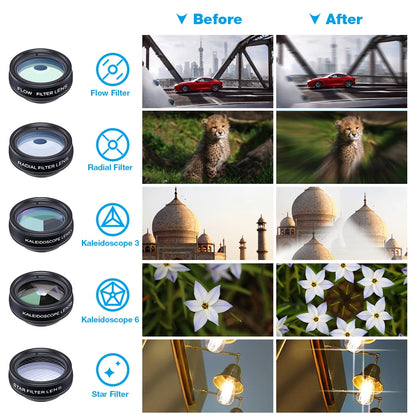 APEXEL Phone Lens Kit Universal 10 in 1 Fisheye Wide Angle Macro Lens CPL Filter Kaleidoscope+2X Telescope Lens for Smartphone