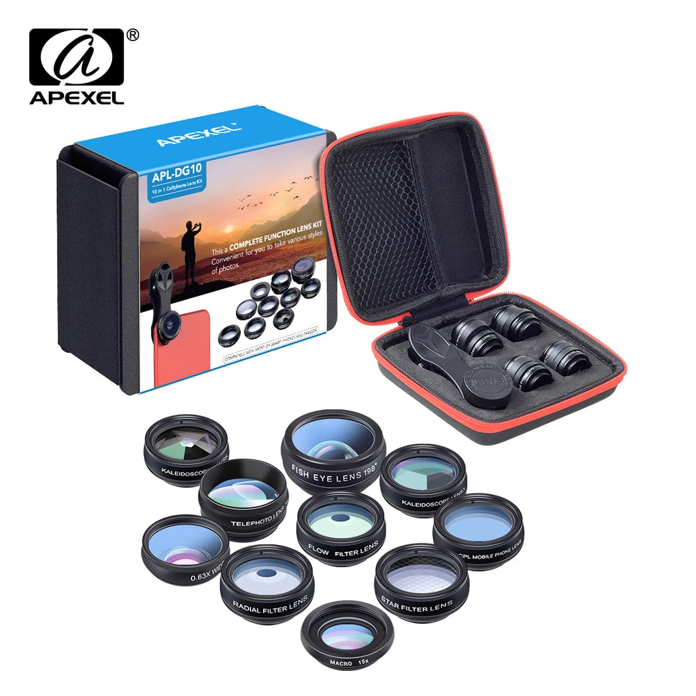 APEXEL Phone Lens Kit Universal 10 in 1 Fisheye Wide Angle Macro Lens CPL Filter Kaleidoscope+2X Telescope Lens for Smartphone