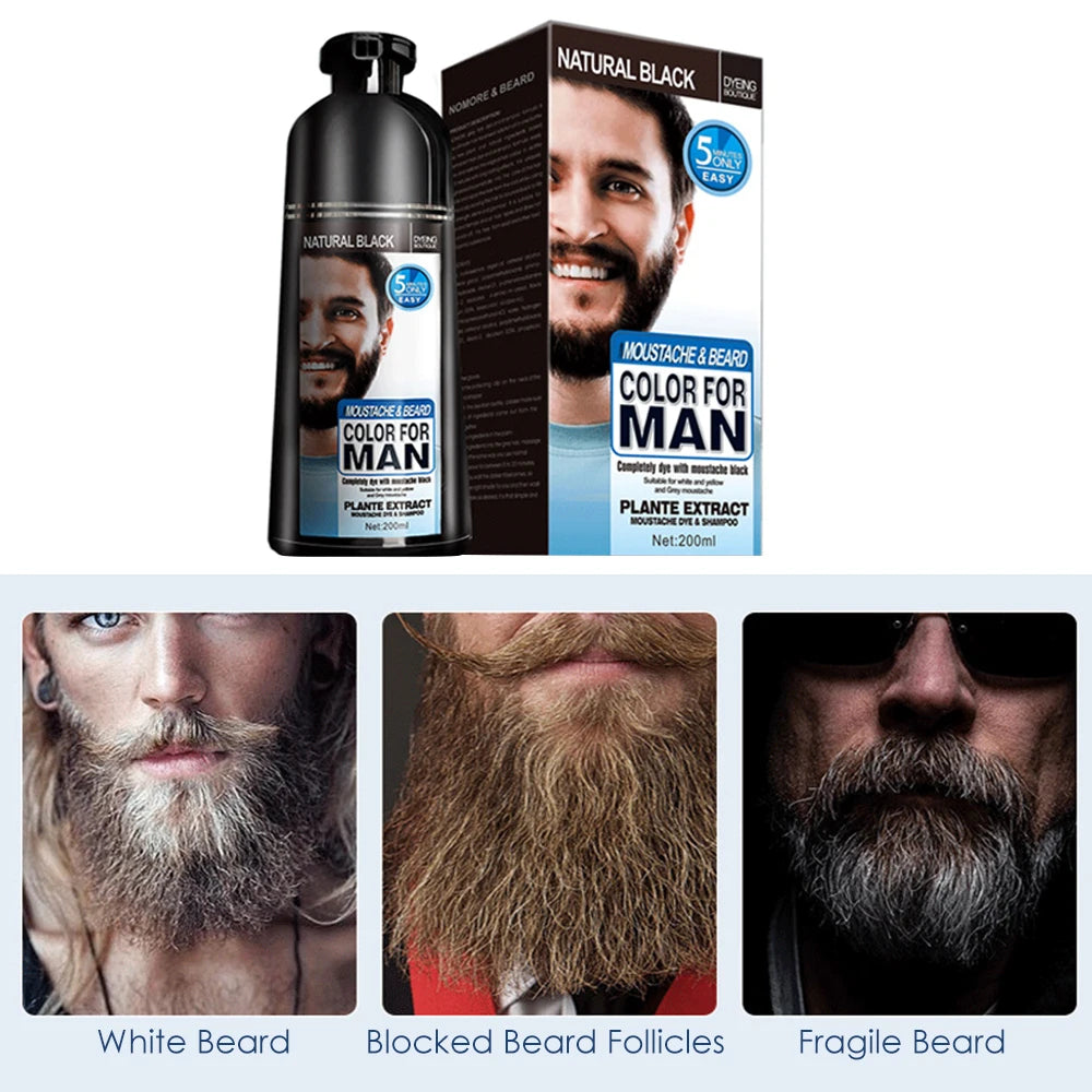 Natural Long Lasting 200Ml Permanent Beard Dye Shampoo for Men Beard Dying Removal White Grey Beard Hair Men Beard Dye Shampoo