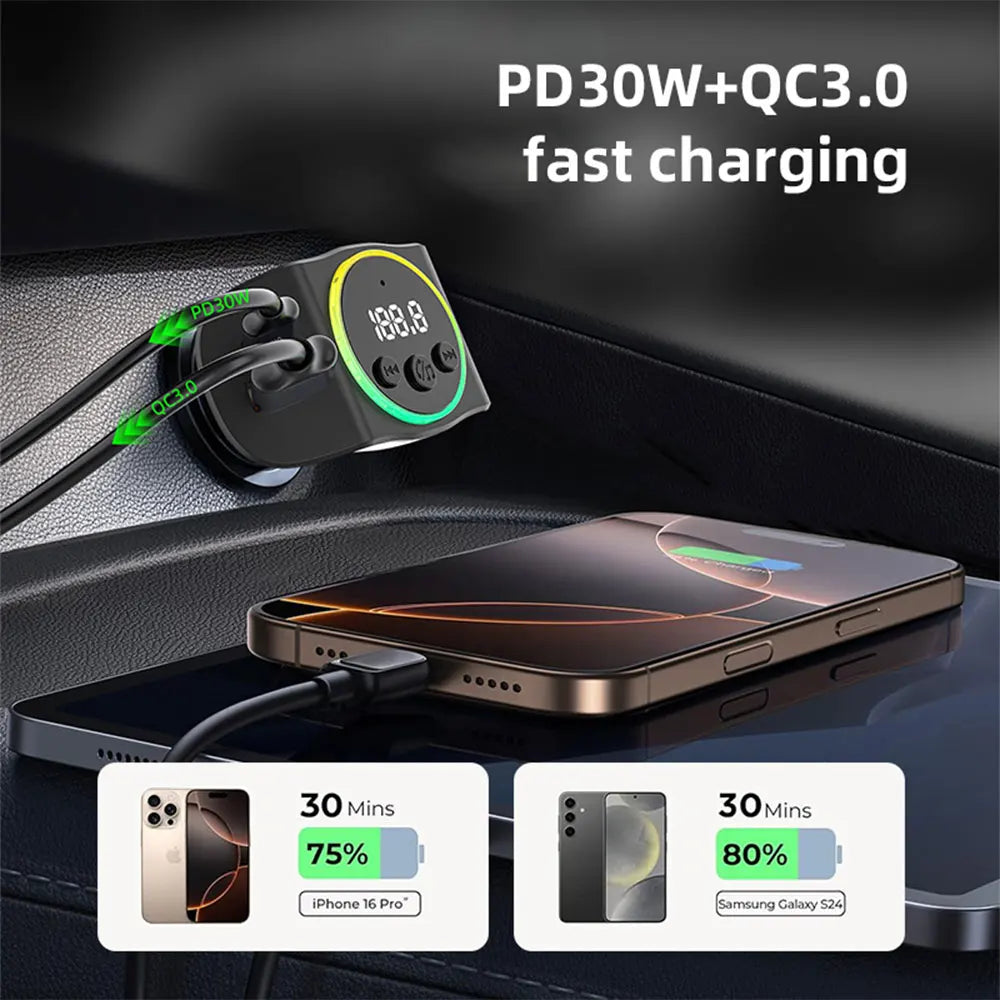 PD30W+QC3.0 Bluetooth 5.3 Car MP3 Player FM Transmitter Wireless Handsfree U Disk Play Music USB Type-C Car Fast Charger Adapter