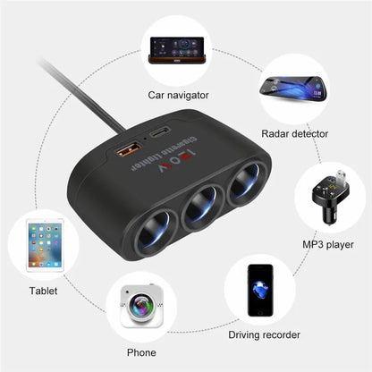 3 in 1 USB Type C Socket 120W Car Cigarette Lighter Splitter 12V 24V Fast Charger Phone Power Adapter for Car DVR GPS Dashcam