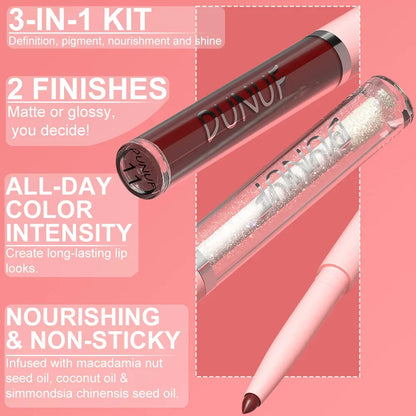 3Pc Rose Pink Matte Lipstick Set Waterproof Long-Lasting Nude Brown Lip Liner Pencil Lip Gloss Cheek Lip Tint Oil Kit for Makeup