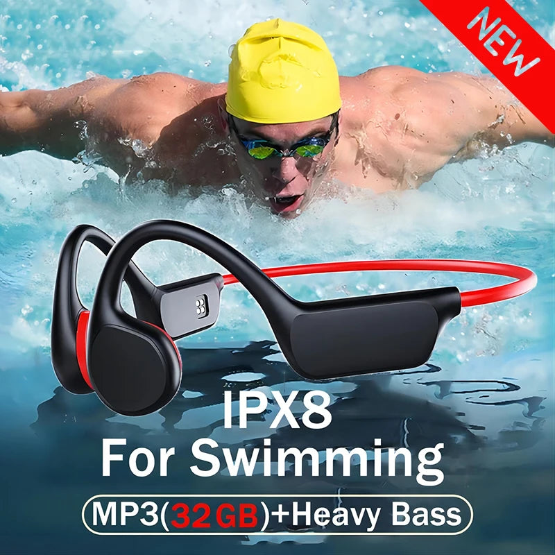 True Bone Conduction Headset IPX8 32GB Bluetooth 5.3 Wireless Swimming Headphone with Microphone Waterproof Exercise Fitness